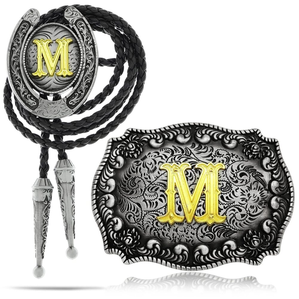 9806 2 Pieces Western Cowboy Belt Buckle Bolo Tie Set Golden Initial Letter